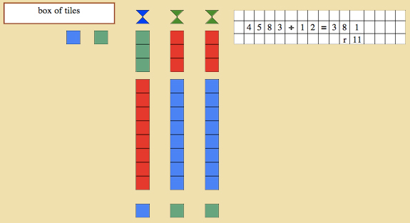montessori, stamp game, dynamic division, 2 level divisor, have the child count the tiles